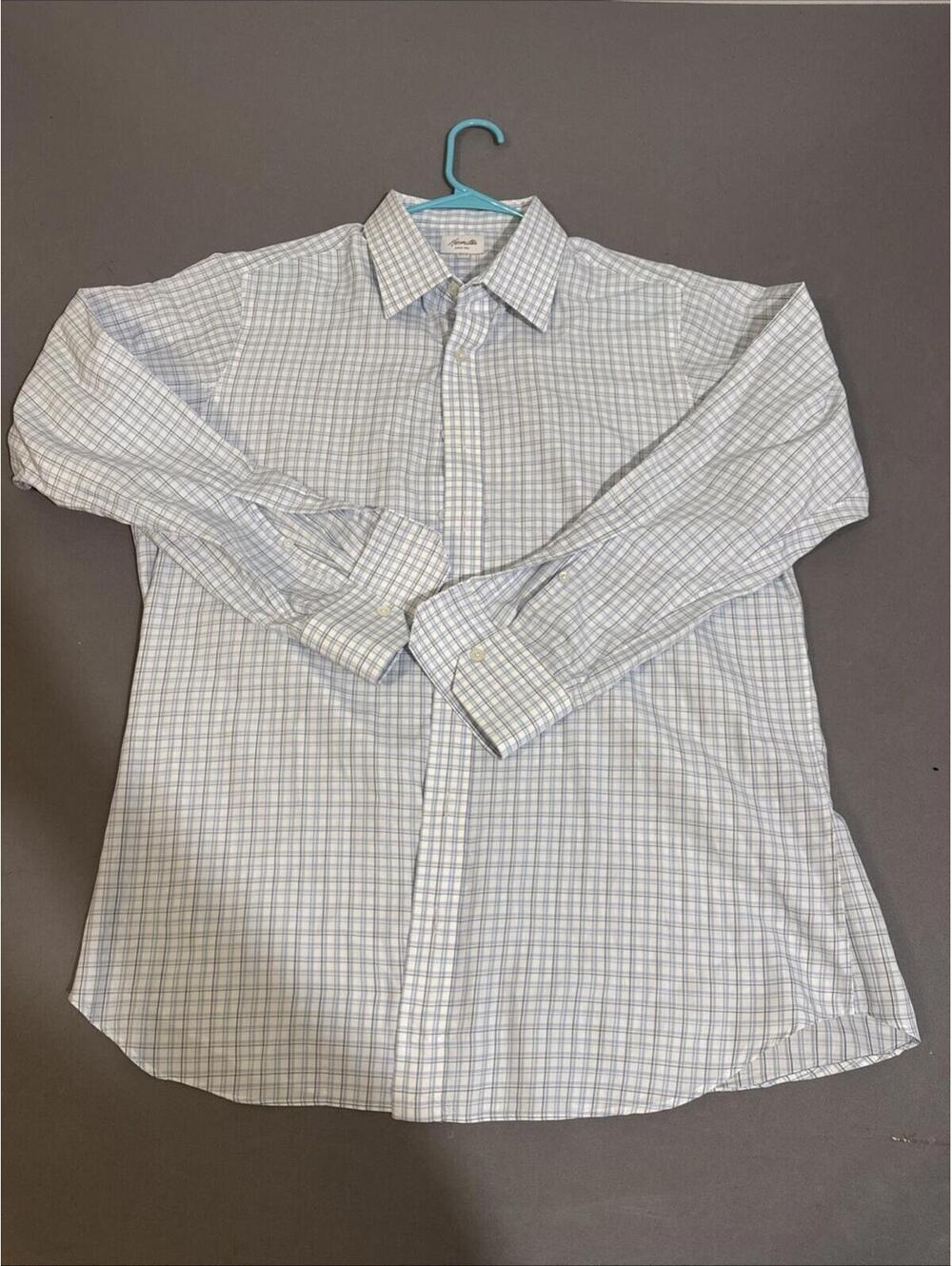 Hamilton Button Up Dress Shirt Men Sz 16 Plaid Blue Long Sleeve USA made Dec 23